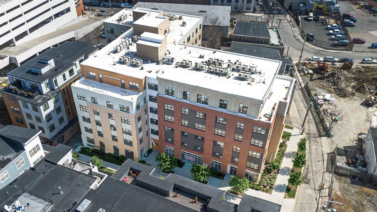 75 Willow Court aerial view with Boston skyline