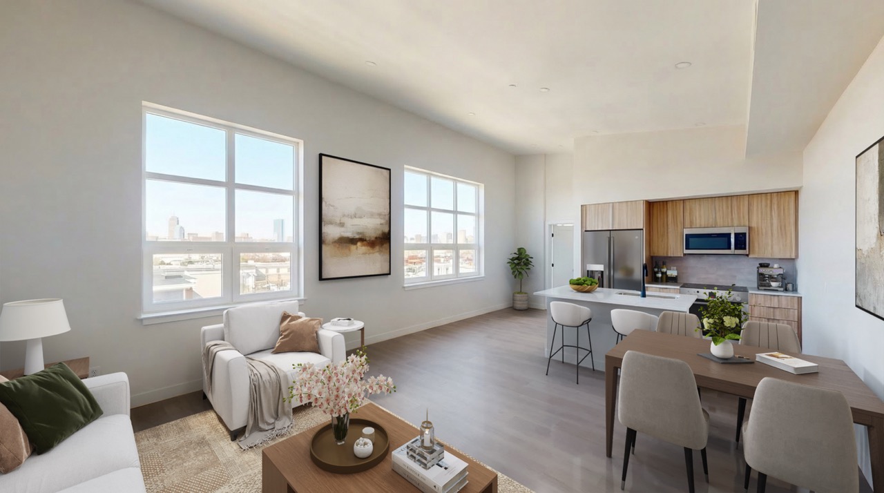 Living & dining area — virtually staged