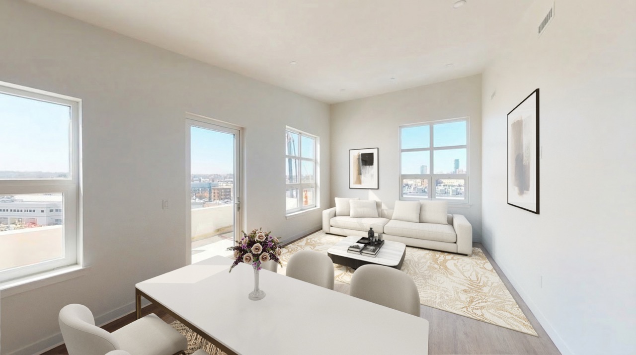 Living & dining area — virtually staged